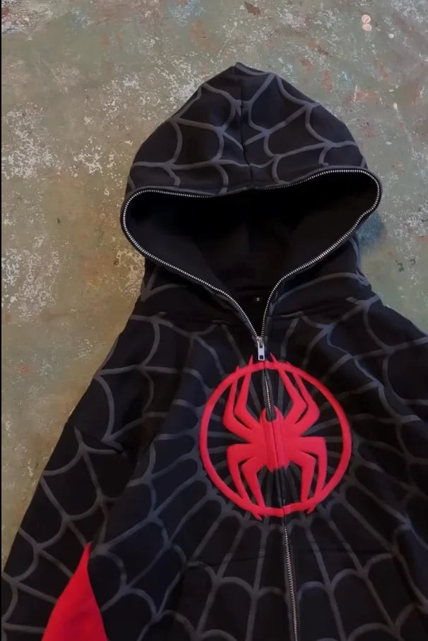 Y2K American Spider Pattern Embroidery Zip Up Hoodie Men Women Gothic Harajuku Jacket Fashion Hoodie Sweatshirt Casual Clothes