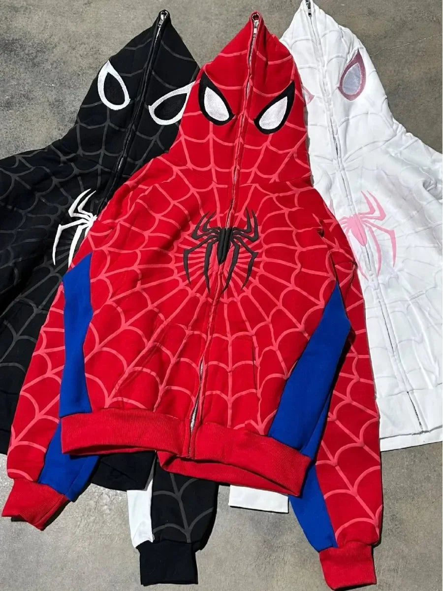 Foam printing Y2k clothing Spider web Red hoodie sweatshirt zipper warm Harajuku punk grunge Women Hip hop sweatshirt Hoodie