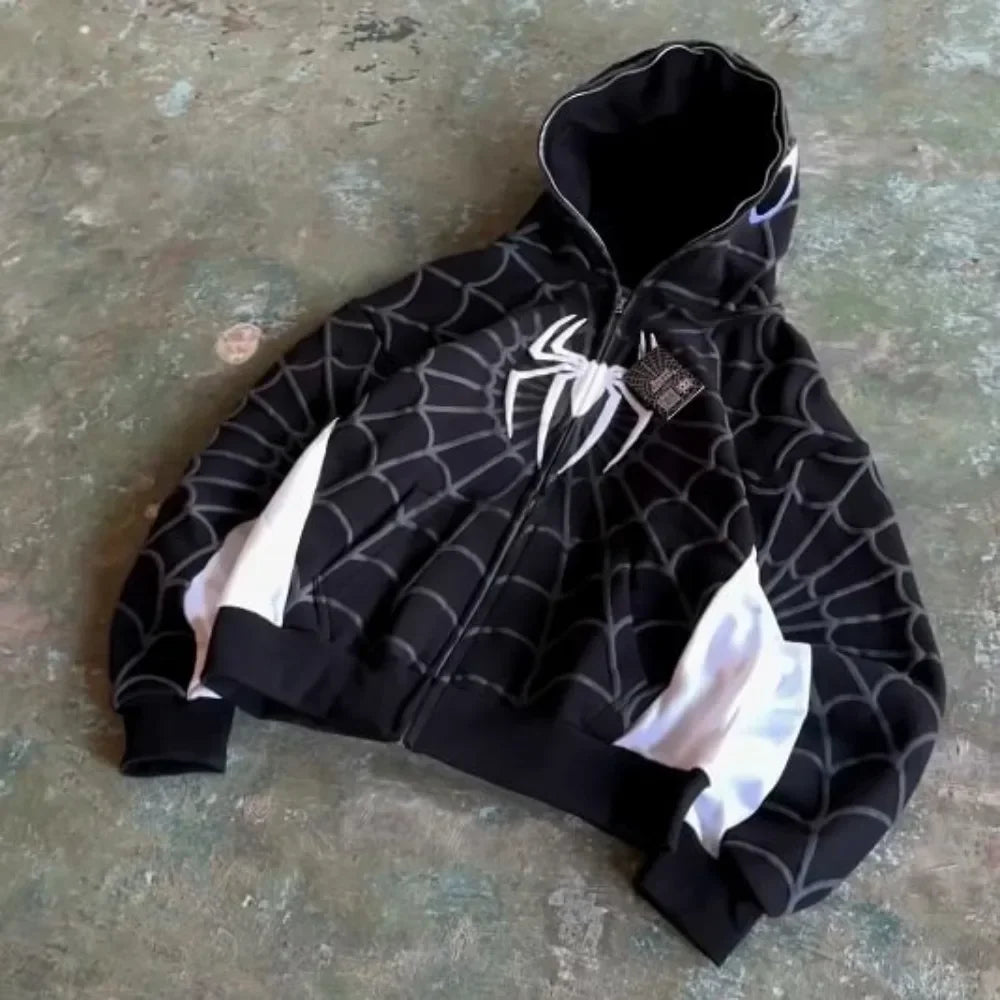 Harajuku American Spider Web Embroidery Hoodies Women Y2k Zipper Jacket Womens Gothic Oversized Hoodie Sweatshirt Casual Clothes