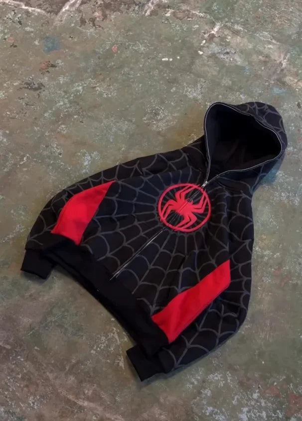 Y2K American Spider Pattern Embroidery Zip Up Hoodie Men Women Gothic Harajuku Jacket Fashion Hoodie Sweatshirt Casual Clothes